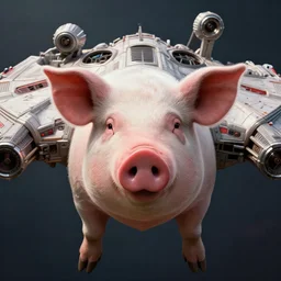 hyperrealistic pig piloting millennium falcon, stunning 3 d render inspired by istvan sandorfi & xiang duan, perfect symmetry, dim volumetric cinematic lighting, 8 k octane comprehensive render, extremely mega hyper - detailed and lifelike attributes & atmosphere, intricate, realistic flesh texture, masterpiece, artstation, stunning,