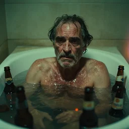 old wrinkled unkempt drunkard ( ( joaquin phoenix ) ) take a bath with beer bottles in the water, cinematography of christopher doyle, neon gloomy light, anamorphic, optical flares, kodak film, sharp focus, realistic, 8 k