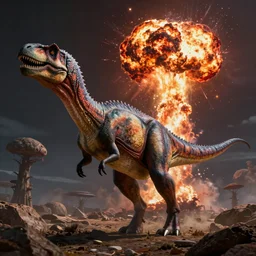 the extinction of dinosaurs by a nuclear explosion, high fantasy, magical, mythical, digital art, trending on artstation, by alena aenami, by petros afshar, by anton fadeev, by anato finnstark