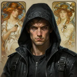 Hacker cyberpunk man portrait, highly detailed, digital painting, artstation, concept art, smooth, sharp focus, illustration, art by artgerm and greg rutkowski and alphonse mucha
