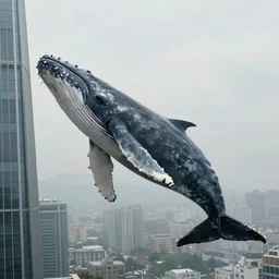 a huge humpback whale is swimming in mid air near a skyscraper, epic, cinematic shot, soft light, soft colore, artstation, atmosphere, high definition