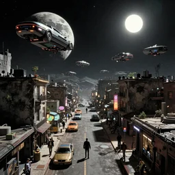 A cyberpunk gopnik on the street of a cyberpunk slum on the Moon, lots of flying cars, diverse, lively, black sky full of stars, blinding sun, sci-fi, lots of flying cars, levitation, cyberpunk outfits, photorealistic, grainy, 35mm, intricate, very very beautiful, elegant, smooth, cinematic, Unreal Engine 5, by Beeple, trending on Artstation HD