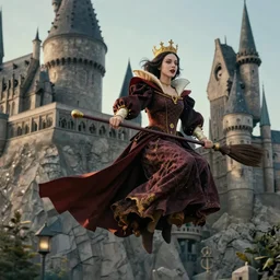 The Queen flying on a magic broom | Hogwarts, filmic, hyperrealism, 8K