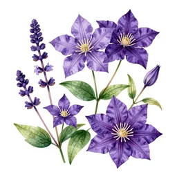botanical illustration style mondrian purple clematis purple salvia