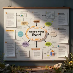 The world's worst PowerPoint slide ever, overloaded, flowcharts, mindmaps, shapes, arrows