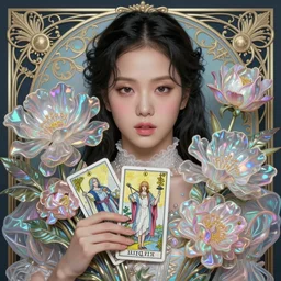jisoo from blackpink, portrait, rococo and art nouveau fusion, iridescent diaphanous refractive and reflective flower bouquet, tarot card, hyperrealistic, highly detailed, deep focus, intricate, elegant, digital painting, smooth, sharp focus, illustration, ultra realistic, 8 k, art by karol bak and agnes cecile