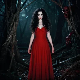 richard avedon, full body, pretty alyson hannigan, evil dead demon, evil dead movie, red dress, symmetrical eyes, symmetrical face, long curly black hair, trees, forest, branches, cinematic lighting, evil dead creature, scary, blood