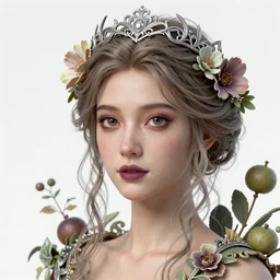 complex 3 d render, ultra detailed, realistic portrait of a beautiful porcelain skin woman, face, wispy, wavy hair worn tied back in a messy bun, wearing filigree silver elven circlet, wide open eyes, flowers in hair, brown eyeshadow, mauve lips, natural makeup, 8 5 mm lens, beautiful, studio portrait, nature goddess, fantasy, ornamental plants and fruits