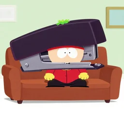south park rob schneider is inside a giant stapler sitting on a long couch