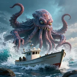 a small fishing boat is attacked by a huge tentacled monster, crashing waves, trending on artstation, rendered in octane, global illumination