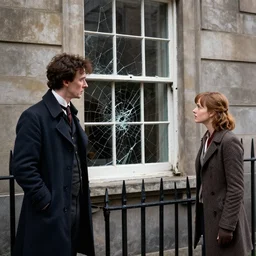 Sherlock Holmes and his assistant Emma Watson investigating a broken window (2066)