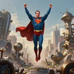 steve jobs floating in the air in superman pose at the centre of the composition, steampunk landscape, wide shot angle, illustration, high detail, artstation