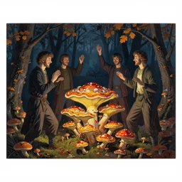 lost and happy souls performing a ritual, by gediminas pranckevicius, by james gilleard, by ambrosius benson, dark shadows, autumn, woodblock, split - complementary - colors, polished, tremella - mesenterica, mycena acicula, a touch of magic