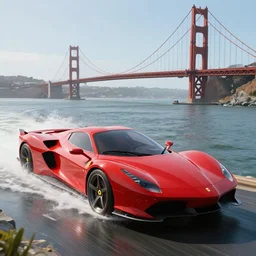 concpet art featuring a futuristic red speedboat in the style of a ferrari at golden gate park. bridge in background. fine detail. surf. this 4 k hd image is trending on artstation, featured on behance, well - rendered, extra crisp, features intricate detail, epic composition and the style of unreal engine.