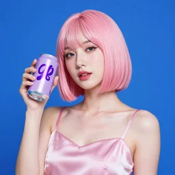 a woman with a very light pink bobcut in a silk light pink shoulderless dress holding up a light purple soda can with a purple design, bold blue background, medium close - up, shiny, photograph, glossy, vibrant, y 2 k, hyperpop, album art