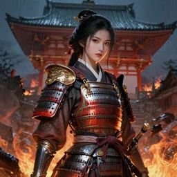 portrait armor samurai girl, in ruin fire rainny honnoji temple night, ssci - fi and fantasy, intricate and very very beautiful and elegant, highly detailed, digital painting, artstation, concept art, smooth and sharp focus, illustration, art by tian zi and wlop and alphonse mucha