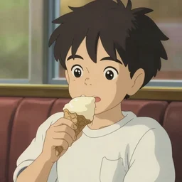 a cute little anime boy eating ice cream, close - up, portrait, 8 k, casual t - shirt, by miyazaki hayao, ghibli