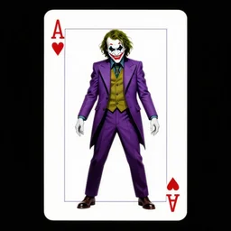 poker card design of dc comic villain the joker creepy menacing dangerous slit mouth smile. full body pose, purple suit, green bowtie, scattered joker poker cards by michael hussar, kim jung gi, greg rutkowski, james jean, tomer hanuka