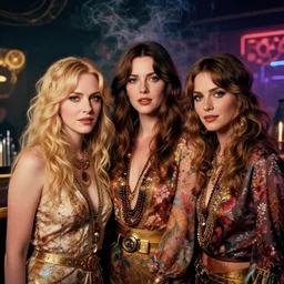 sophisticated portrait of christina hendricks brie larson kat dennings, 1 9 8 0 s flower power hippy, very smoky cyberpunk paris bar, elegance, highly detailed, shallow depth of field, artstation, artgerm, donato giancola and joseph christian leyendecker