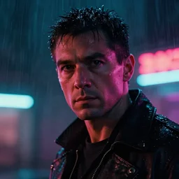 xQc close up film still from Blade Runner 2049, beautiful lighting, raining, neon lights, cinematic depth, ultra sharp