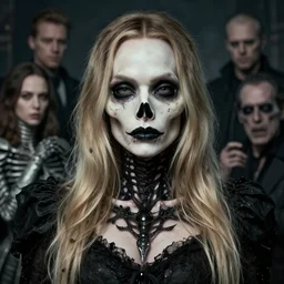 a fancy portrait of Margot Robbie as death its self by Greg Rutkowski, Sung Choi, Mitchell Mohrhauser, Maciej Kuciara, Johnson Ting, Maxim Verehin, Peter Konig, Bloodborne, macro lens, 35mm, 8k photorealistic, cinematic lighting, HD, high details, atmospheric,