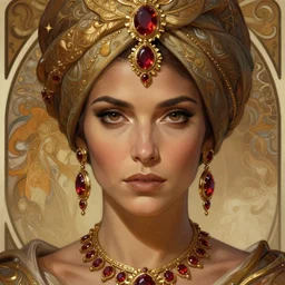 mindblowing portrait of an elegant tan woman in her 5 0 s, ornate turban, brown eyes, ruby and gold jewelry, disapproving expression, deep focus, symmetrical face, d & d, fantasy, intricate, elegant, highly detailed, digital painting, artstation, concept art, matte, sharp, illustration, hearthstone, art by artgerm, greg rutkowski, alphonse mucha