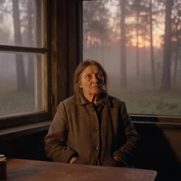 portrait bust of old woman sitting at table, hands in pockets, looking outside, tired expression, faded color film, russian cinema, tarkovsky, kodachrome, inside old cabin, next to window, heavy forest outside, long brown hair, old clothing, heavy fog, brown color palette, sunset, low light, hudson river school, 4 k, dramatic lighting, greg rutkowski