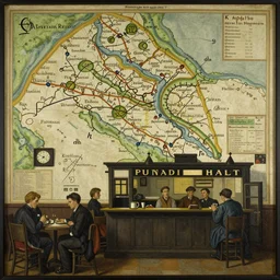 a painting of a late night pub in 1943 in the style of a medieval map