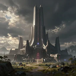 star wars concept art by greg rutkowski, a palatial and imposing technological dark tower in the middle of a highland landscape, enigmatic atmosphere, beautiful and cinematic lighting, artstation hq.