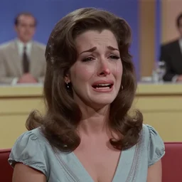 1983 crying woman on a tv talk show show with a long prosthetic snout nose, big nostrils, wearing a dress, 1983 French film color archival tv footage color Fellini Almodovar John Waters Russ Meyer movie still