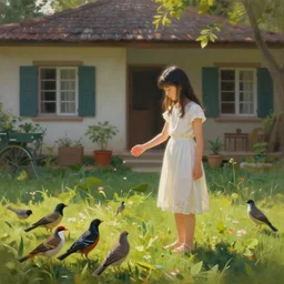 a girl playing with birds on the lawn in front of a house. painting by tran nguyen.