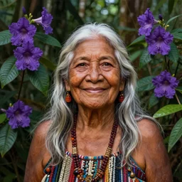 a beautiful portrait of a smiling indigenous old woman with white long hair in the amazon jungle surrounded by purple flowers of brunfelsia grandiflora, matte painting, by christophe vacher