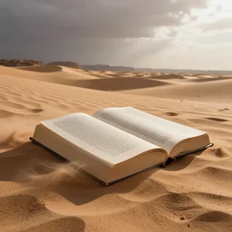 a huge book in the middle of the desert of al - ula with wind and sand