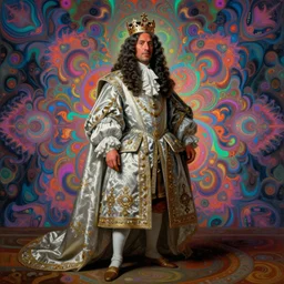 beautiful oil painting, full length portrait of dwayne Johnson as Louis xiv in baroque coronation robes 1701, Dan Mumford , Dan Mumford,  hyacinthe rigaurd , Alex grey, highly detailed , lsd visuals, dmt fractal patterns, visionary art, psychedelic art, ornate, vaporwave, baroque, Greg rutkowski