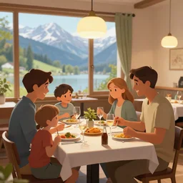 a family dining in a restaurant in Austria, digital art, trending on artstation, highly detailed