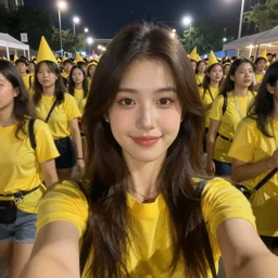 first person view in a big parade at night, everyone have yellow clothes, one girl staring at you smiling, photorealistic oil painting, POV