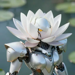 futuristic nymphaea themed mecha waterlily upper body, sepals forming helmet, highly detailed, nymphaea, 8 k hd resolution, barbatos lupus rex gundam with floral inlay, bandai box art, star wars, makoto kobayashi, frank gehry, raymond swanland