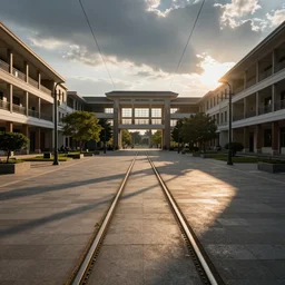 a high school plaza, tram tracks going through it
