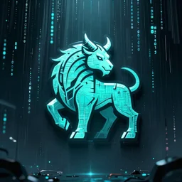 stylized cyberpunk minotaur logo, cyan, matrix rain background