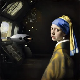 a still life renaissance painting of a star trek starfaring spaceship interior, retrofuturistic 5 0 s, perspective from the side. realistic light and shadows. in the style of noriyoshi ohrai, vermeer and magritte