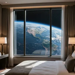 window view from a bedroom in a luxurious hotel in space, with planet earth in the background