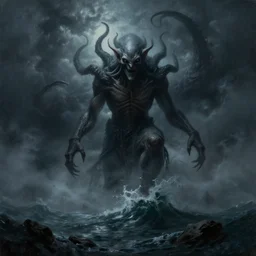 cthulhu rising out of the ocean, hyper realistic oil painting, dark, moody cinematic lighting, creepy, fog, storm clouds, by greg rutkowski, trending on artstation