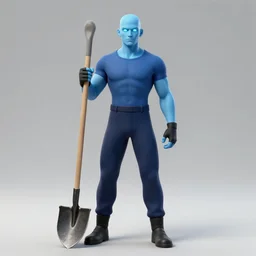 portrait art of a muscular man with light blue skin and glowing eyes, wearing a dark blue outfit with now sleeves, fingerless gloves, black shoes. He is carrying a large shovel!!!!!!. around his neck is a glowing light blue vial, 8k ultra realistic , lens flare, atmosphere, glow, detailed, intricate, full of colour, cinematic lighting, trending on artstation, 4k, hyperrealistic, focused, extreme details, unreal engine 5, cinematic, masterpiece
