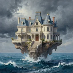 The painting is called The Mysterious Mansion It depicts a large, imposing mansion floating in the middle of the ocean. The mansion is surrounded by a stormy sky, and the ocean waves crash against the sides of the house. There is a sense of mystery and foreboding about the painting, as if something sinister is going on inside the mansion. Ink on paper, ink illustration, black ink drawing