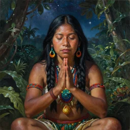 a beautiful portrait of an amazonian shaman healer sitting in the jungle, doing a prayer, ayahuasca, high detail painting, fantasy art, highly detailed, realistic face, only one face, starry sky, canopee