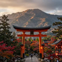 traditional Japanese Torii in a colorful moutain with trees ,morning , by Grzegorz Rutkowski, concept art
