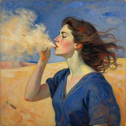 woman exhales the dry dessert air as the wind howls all around, abstract surrealistic art in the style of fauvism and georgia o keefe
