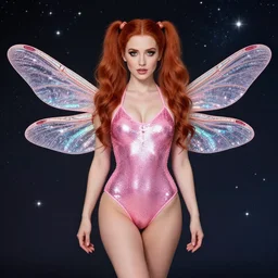 beautiful full body portrait of a ginger woman in pigtails, wearing a sparkling pink one piece swimsuit with giant! dragonfly wings, by wlop and artgerm, steampunk! fiction, detailed eyes, starry background, trending, on artstation.