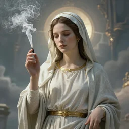 hyperrealistic virgin Mary smoking smoke , photorealistic cinematic render, octane render, heavenly atmosphere