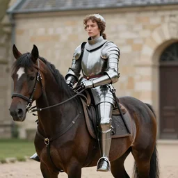 High quality photo of Joan of Arc, in a suit of armour, with her horse